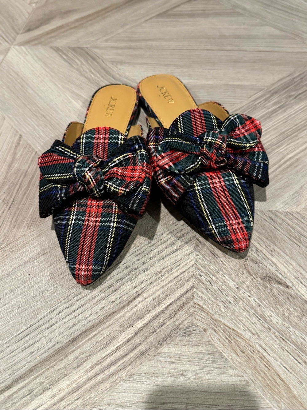 J. Crew Red & Navy Plaid Bow Pointed Mules